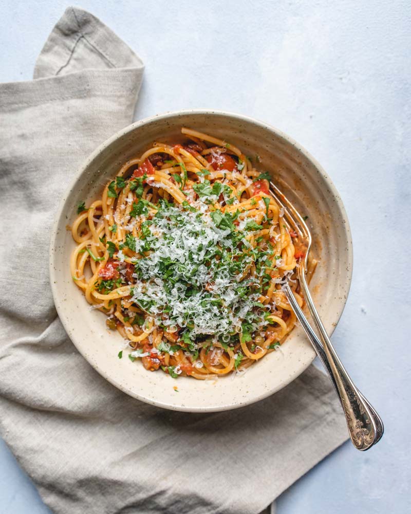 Spaghetti alla Puttanesca Vegetarisk Hverdag Pasta